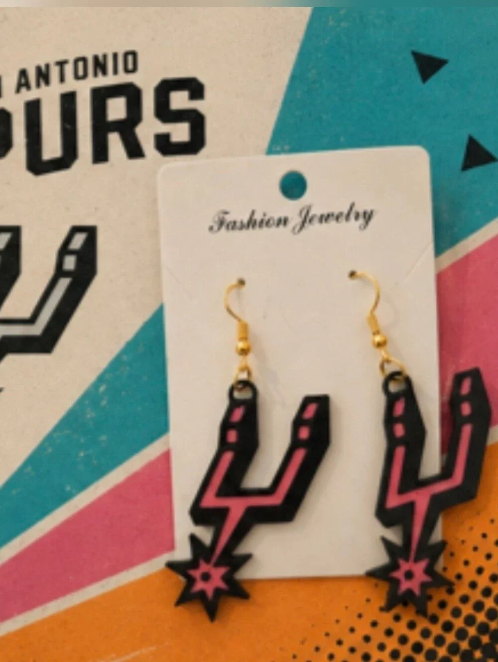 Spurs Pink and Black Spurs Logo Dangle Earrings